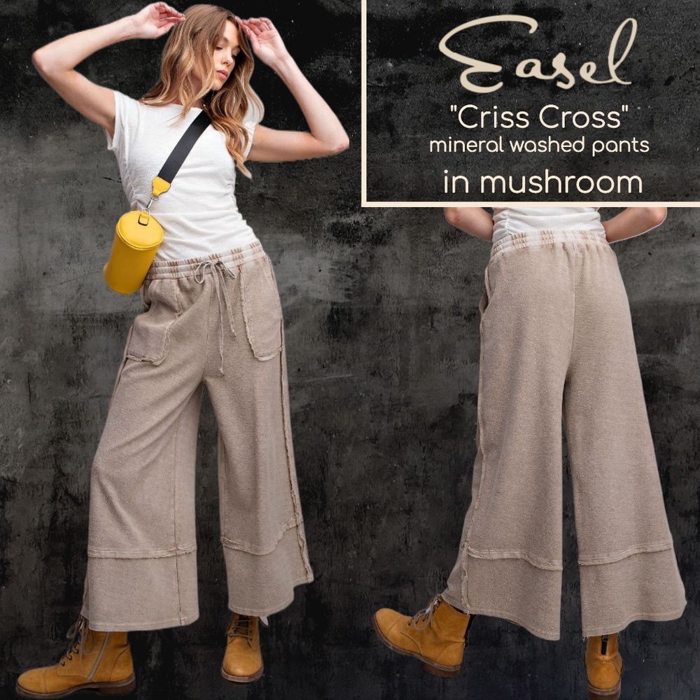 EASEL "Criss Cross" Mineral Washed Cotton Raw Seams Cropped Flared Pants Pockets